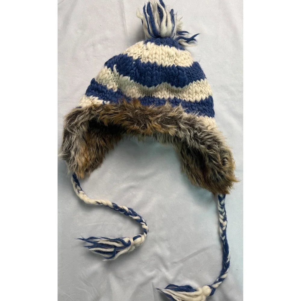 American Eagle Trapper Hat Blue Cream Striped Wool Alpaca Blend Faux Fur Trim
